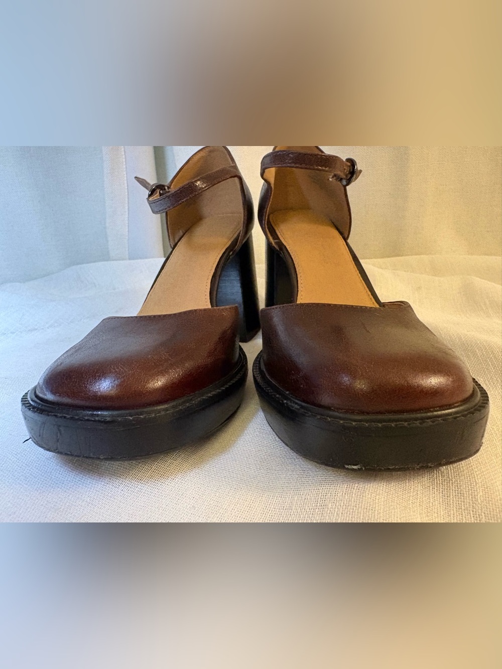 Crown Vintage Greeta Brown Genuine Leather Mary Jane Platform Heels 7.5M Chunky - Picture 5 of 14
